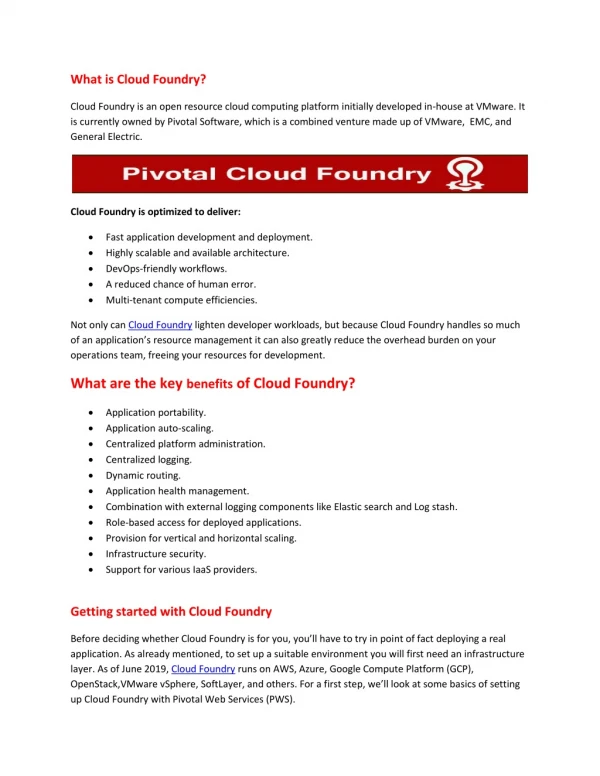 key benefits of Pivotal Cloud Foundry