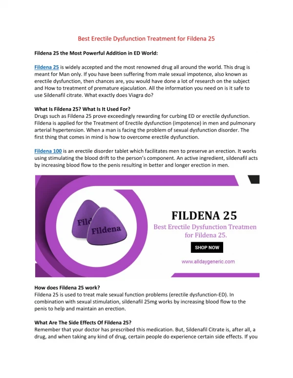 Fildena 25 (sildenafil 25 mg) Reviews, Side effects & Dosage