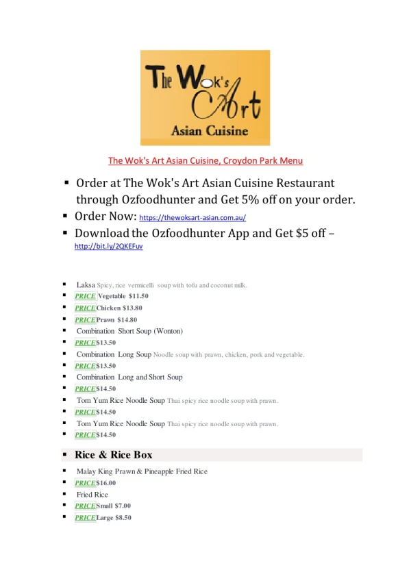 15% Off - The Wok's Art Asian Cuisine-Croydon Park - Order Food Online