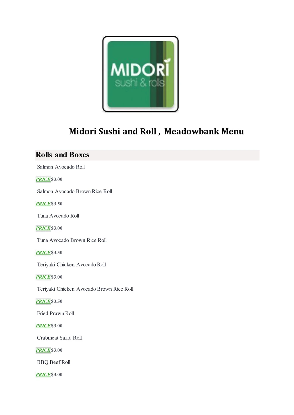 midori sushi and roll meadowbank menu