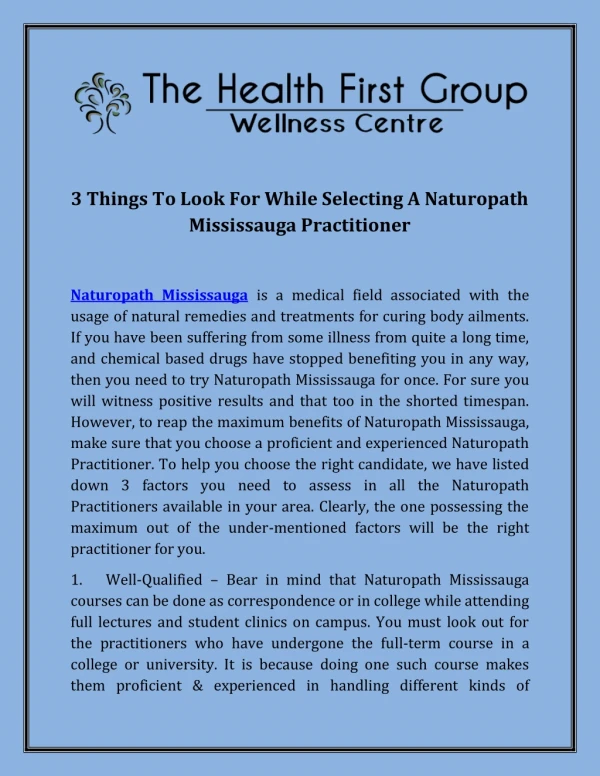 3 Things To Look For While Selecting A Naturopath Mississauga Practitioner