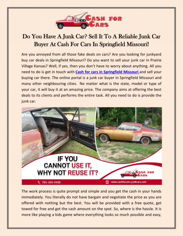 Do You Have A Junk Car? Sell It To A Reliable Junk Car Buyer At Cash For Cars In Springfield Missouri!