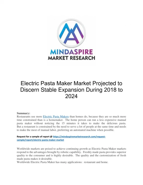 Electric Pasta Maker Market Projected to Discern Stable Expansion During 2018 to 2024