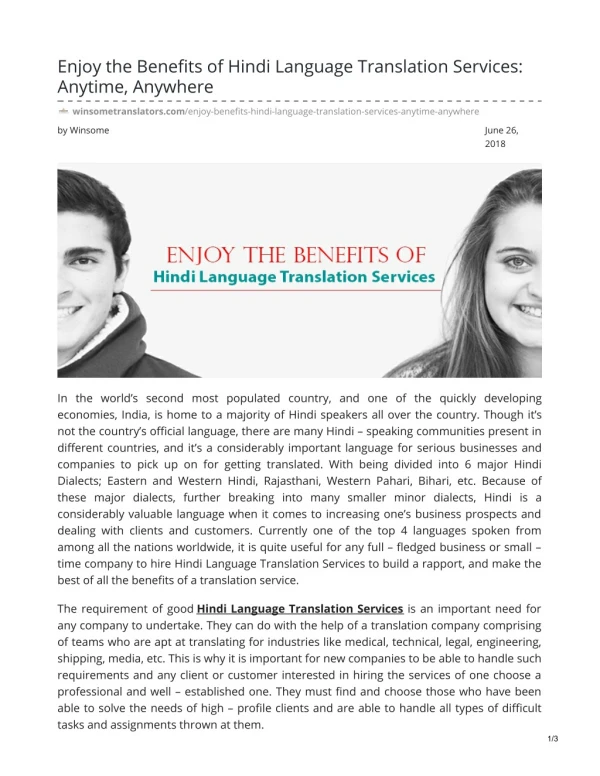 Enjoy the Benefits of Hindi Language Translation Services: Anytime, Anywhere