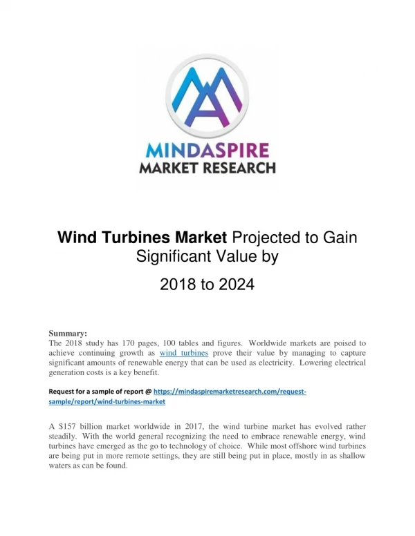 Wind Turbines Market Projected to Gain Significant Value by 2018 to 2024