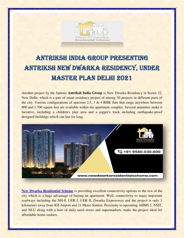 Antriksh India Group presenting Antriksh New Dwarka Residency, under Master Plan Delhi 2021