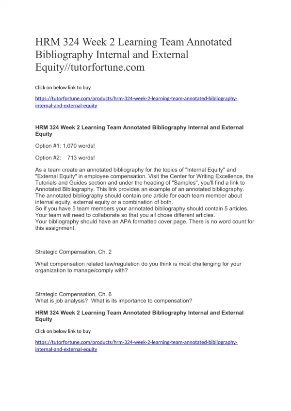 HRM 324 Week 2 Learning Team Annotated Bibliography Internal and External Equity//tutorfortune.com