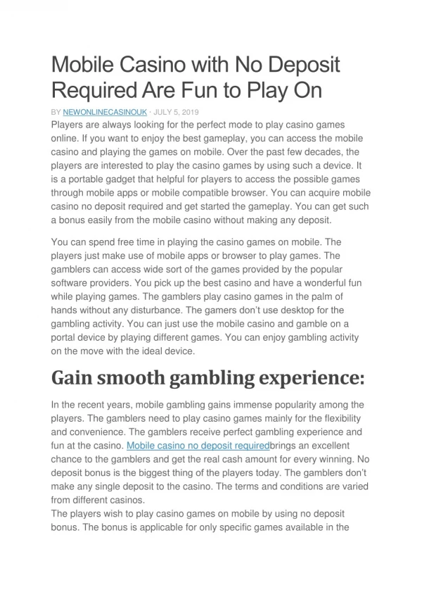 Mobile Casino with No Deposit Required Are Fun to Play On