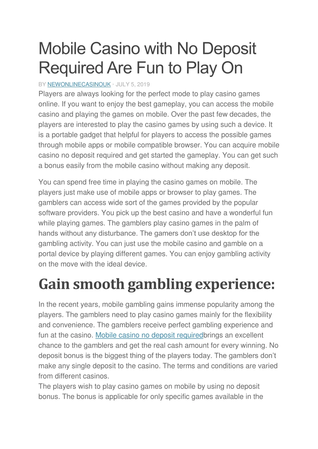 mobile casino with no deposit required
