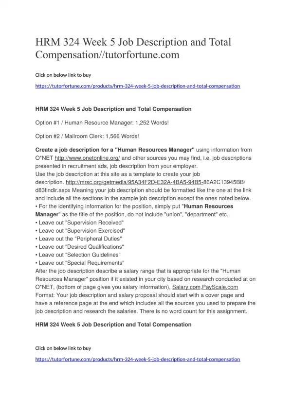 HRM 324 Week 5 Job Description and Total Compensation//tutorfortune.com