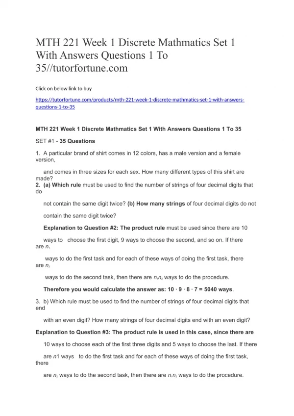 MTH 221 Week 1 Discrete Mathmatics Set 1 With Answers Questions 1 To 35//tutorfortune.com