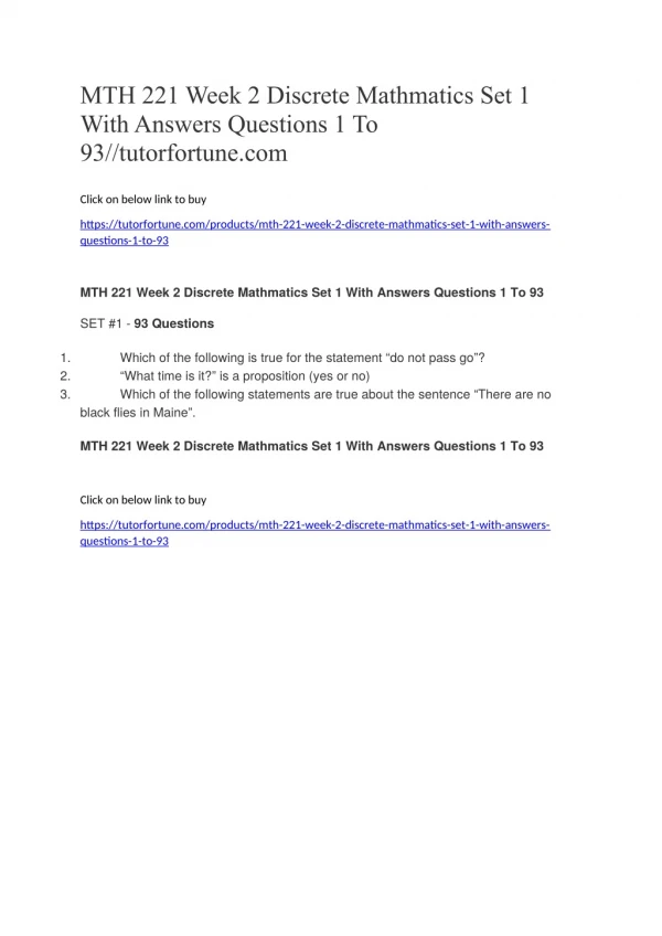 MTH 221 Week 2 Discrete Mathmatics Set 1 With Answers Questions 1 To 93//tutorfortune.com