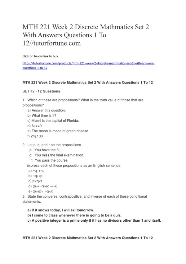 MTH 221 Week 2 Discrete Mathmatics Set 2 With Answers Questions 1 To 12//tutorfortune.com