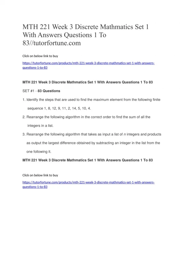 MTH 221 Week 3 Discrete Mathmatics Set 1 With Answers Questions 1 To 83//tutorfortune.com