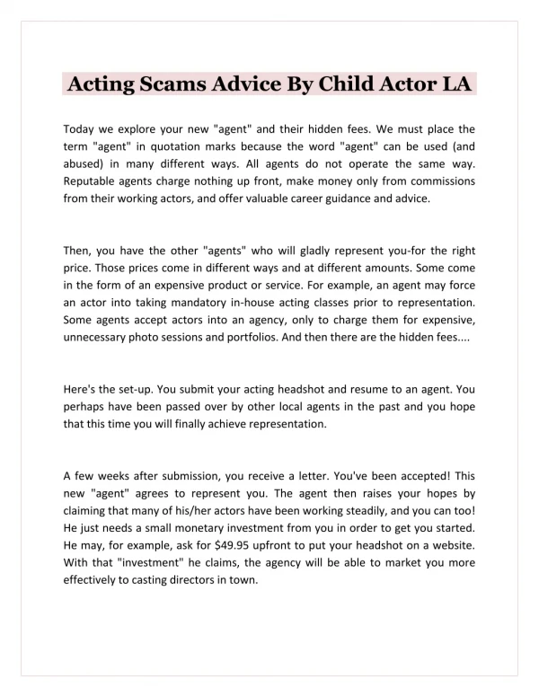 Acting Scams Advice By Child Actor LA