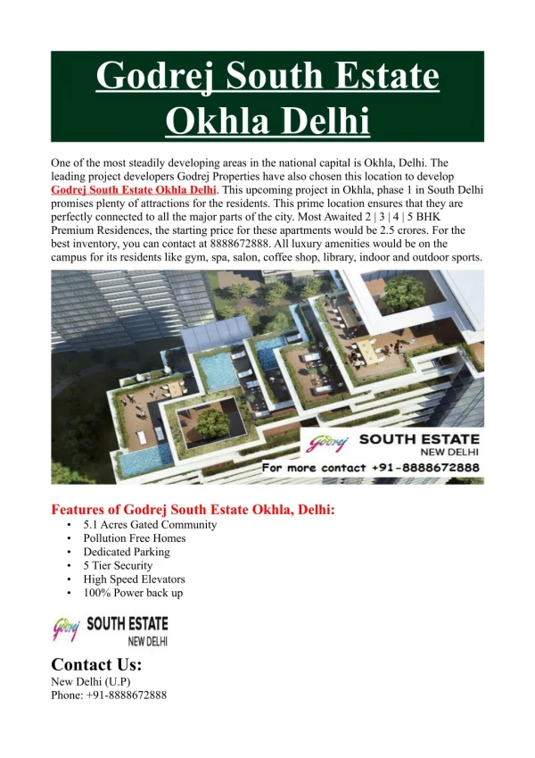 Call @8888672888 | Godrej South Estate Okhla Delhi