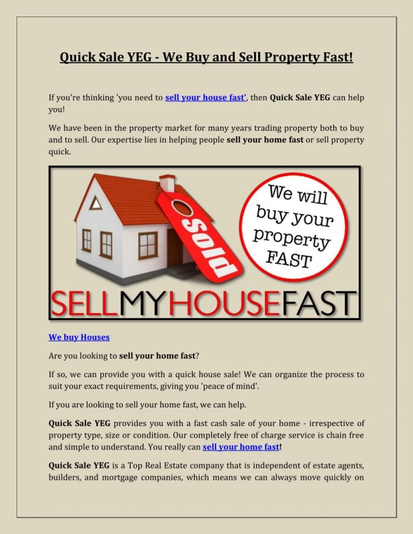 Quick Sale YEG - We Buy and Sell Property Fast!