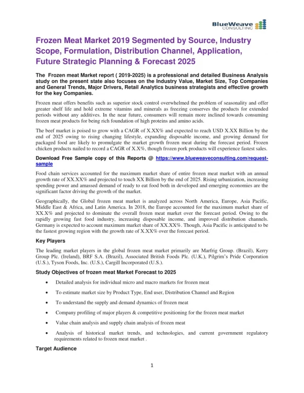 Frozen Meat Market 2019 Segmented by Source, Industry Scope, Formulation, Distribution Channel, Application, Future Stra