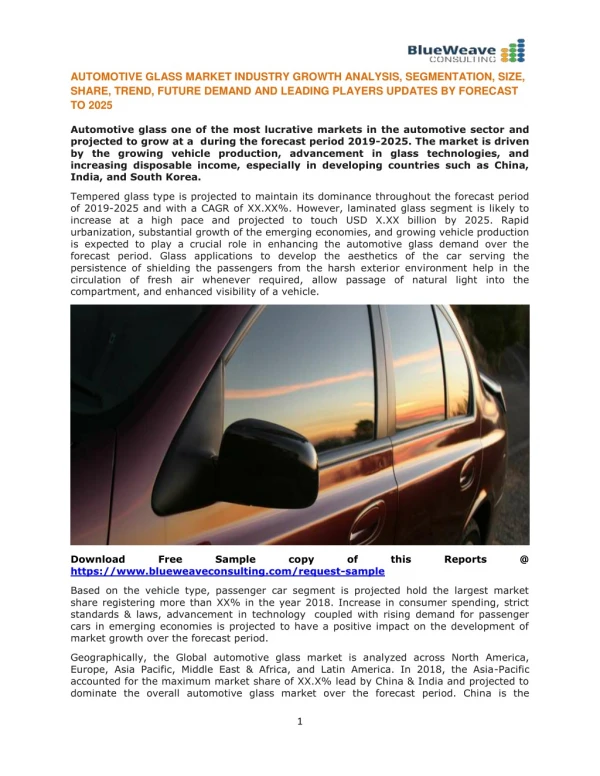 AUTOMOTIVE GLASS MARKET INDUSTRY GROWTH ANALYSIS AND LEADING PLAYERS UPDATES BY FORECAST TO 2025