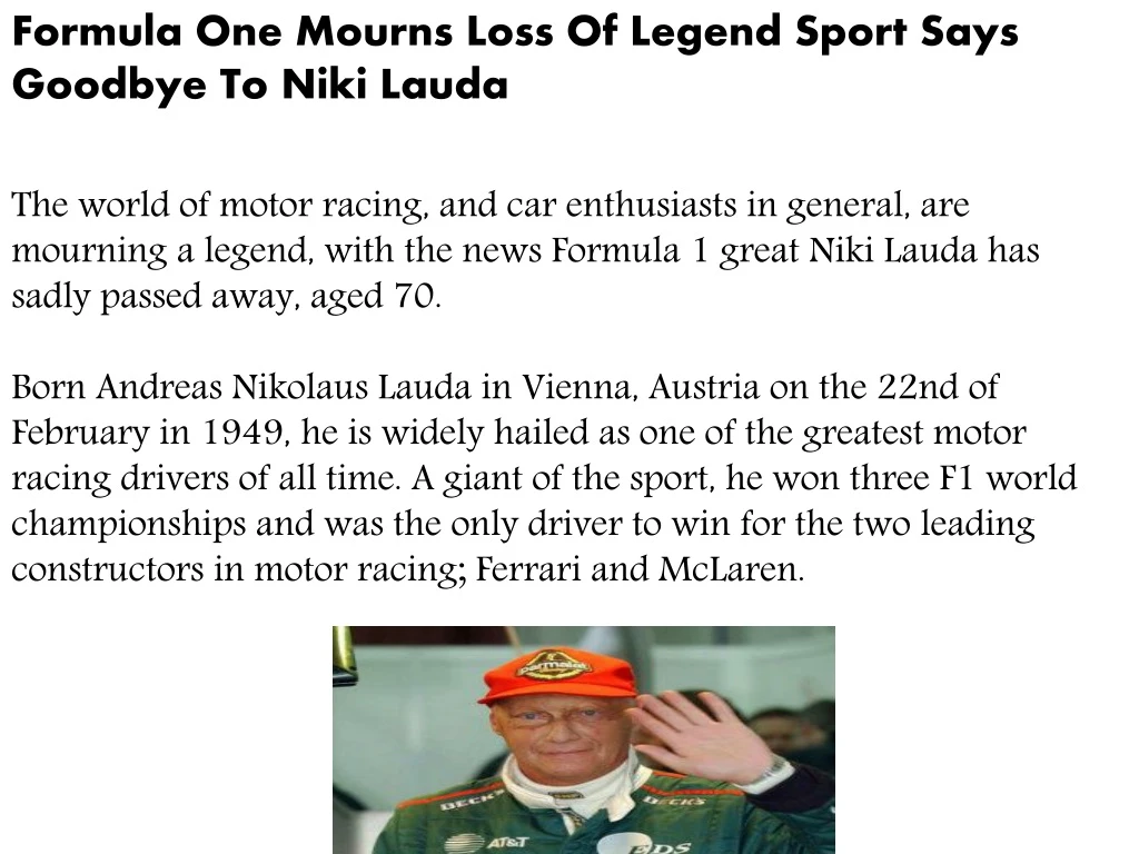formula one mourns loss of legend sport says
