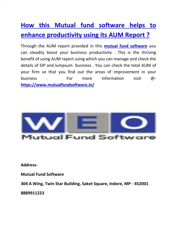 How this Mutual fund software helps to enhance productivity using its AUM Report ?