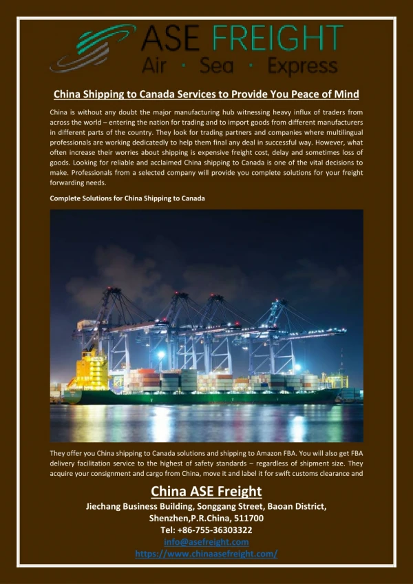 China Shipping to Canada Services to Provide You Peace of Mind