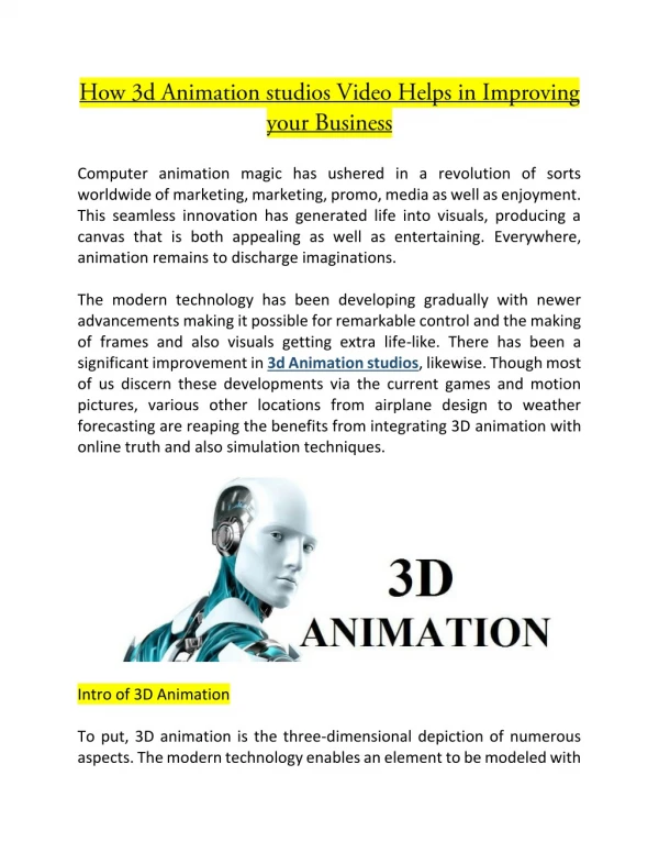 How 3d Animation studios Video Helps in Improving your Business