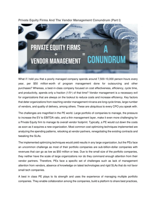 Private Equity Firms And The Vendor Management Conundrum (Part I)