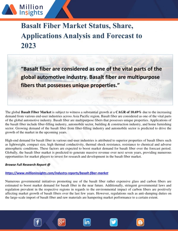 Basalt Fiber Market Status, Share, Applications Analysis and Forecast to 2023