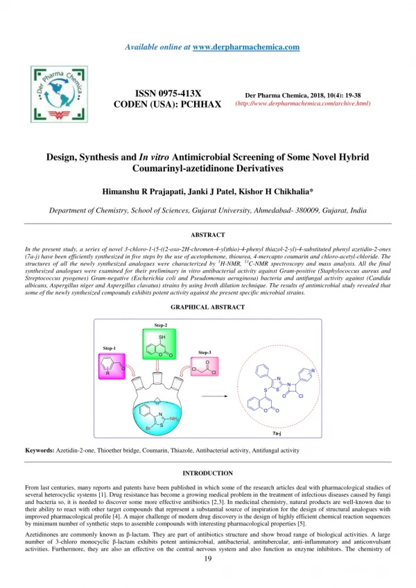 Design, Synthesis and In vitro Antimicrobial Screening of Some Novel Hybrid Coumarinyl-azetidinone Derivatives