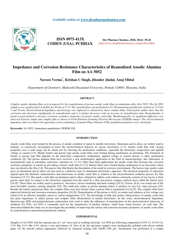 Impedance and Corrosion Resistance Characteristics of Reanodized Anodic Alumina Film on AA 5052