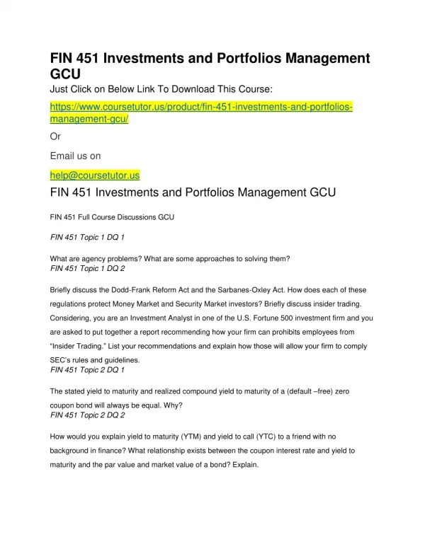 FIN 451 Investments and Portfolios Management GCU