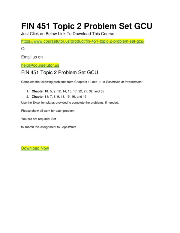 FIN 451 Topic 2 Problem Set GCU