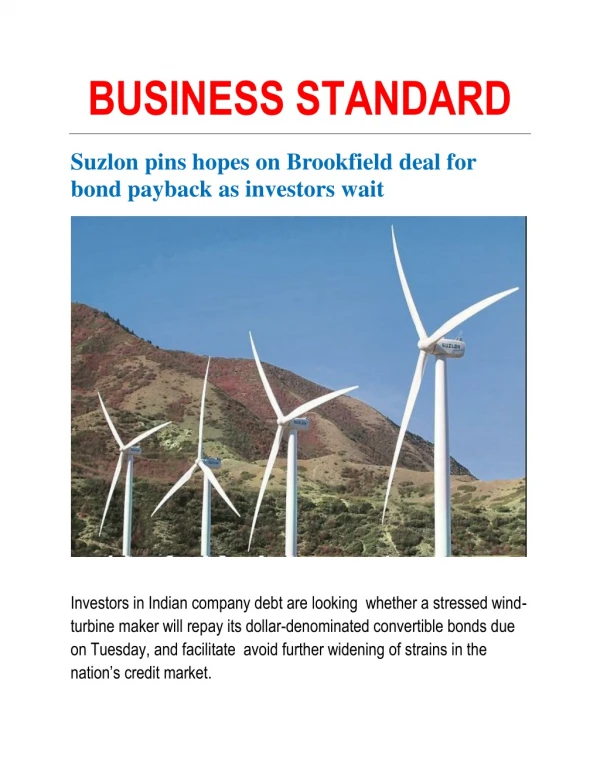 Suzlon pins hopes on Brookfield deal for bond payback as investors wait
