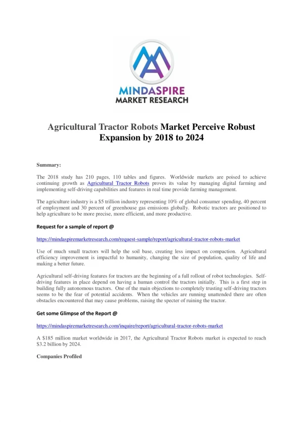 Agricultural Tractor Robots Market Perceive Robust Expansion by 2018 to 2024