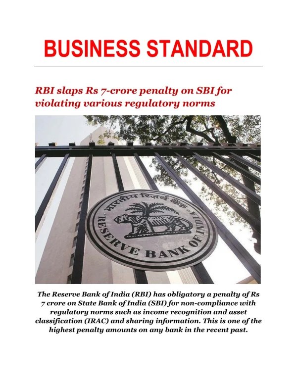 RBI slaps Rs 7-crore penalty on SBI for violating various regulatory norms