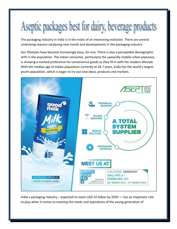 Aseptic Packages Best for Dairy, Beverage Products| Asepto - Packaging