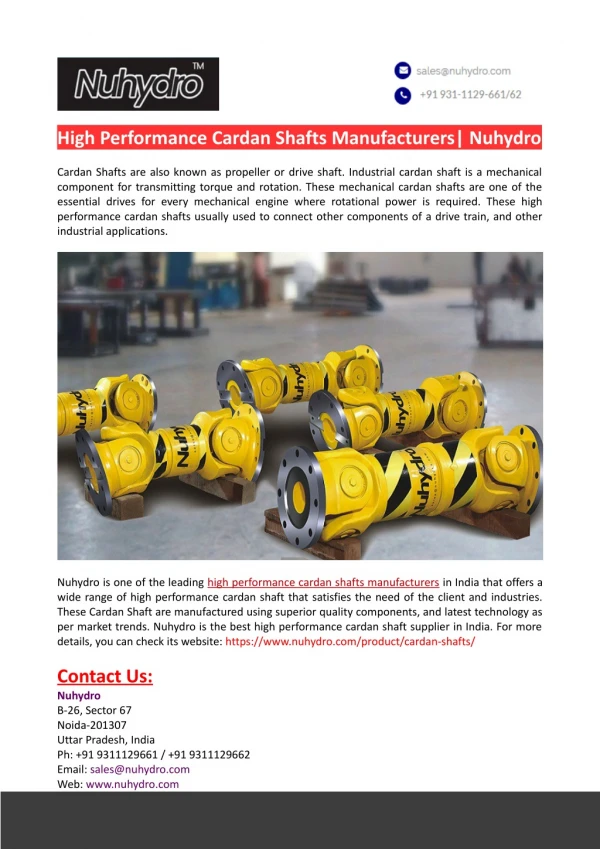 High Performance Cardan Shafts Manufacturers-Nuhydro