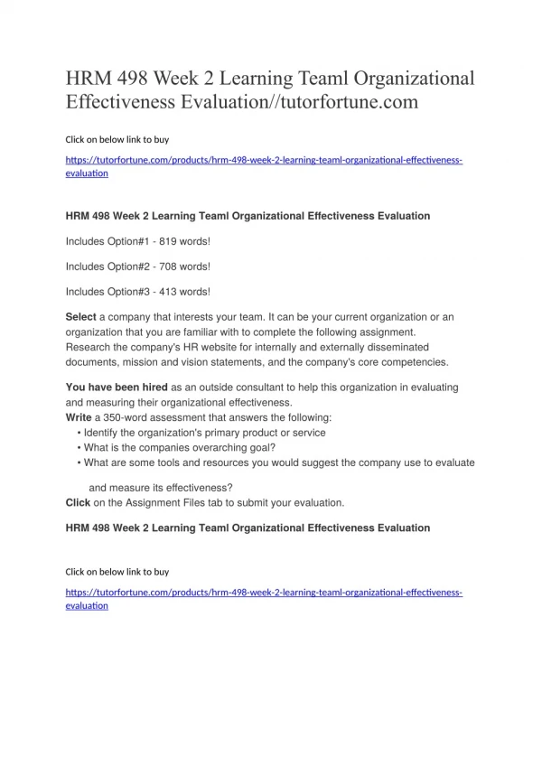 HRM 498 Week 2 Learning Teaml Organizational Effectiveness Evaluation//tutorfortune.com