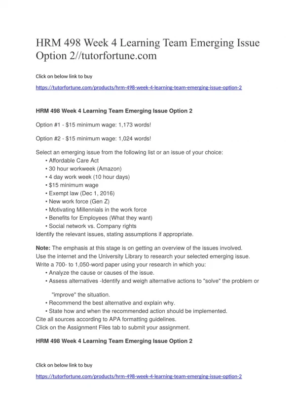 HRM 498 Week 4 Learning Team Emerging Issue Option 2//tutorfortune.com
