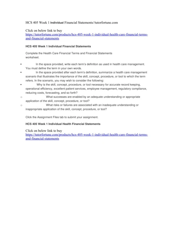 HCS 405 Week 1 Individual Financial Statements//tutorfortune.com