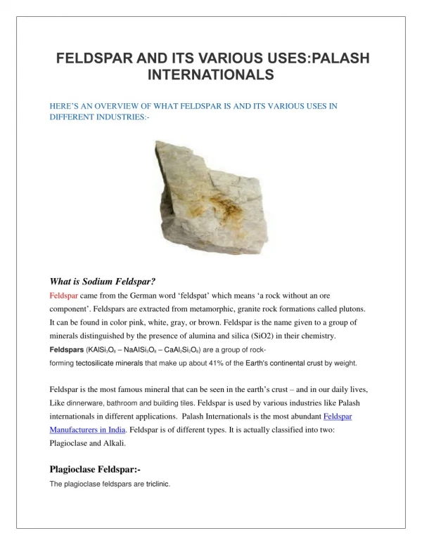 FELDSPAR AND ITS VARIOUS USES: PALASH INTERNATIONALS