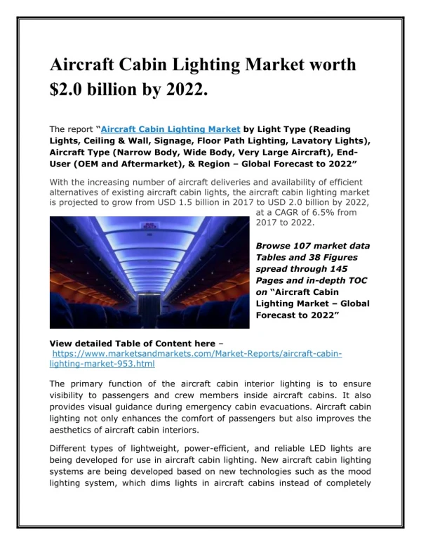 Aircraft Cabin Lighting Market worth $2.0 billion by 2022