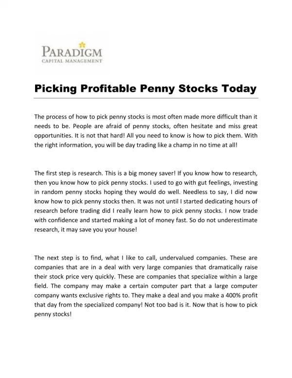 Picking Profitable Penny Stocks Today