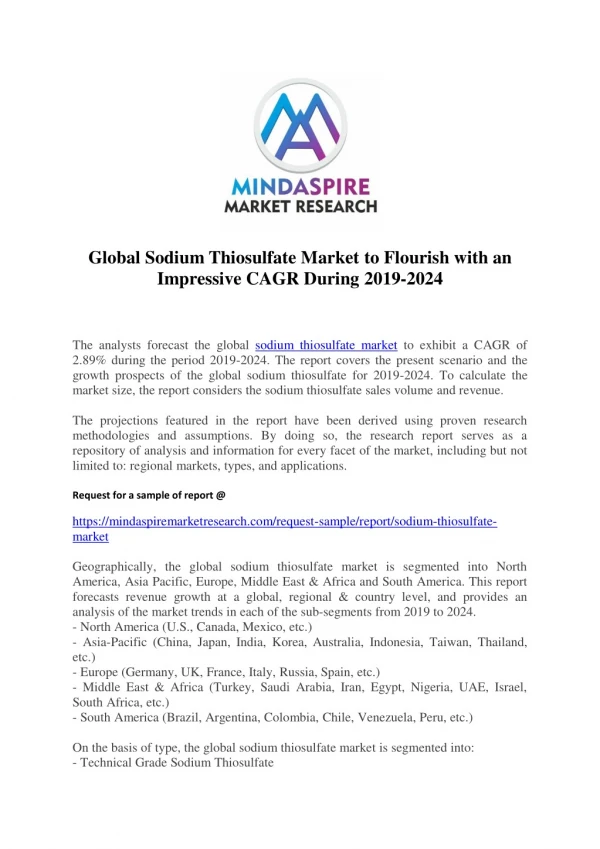 Global Sodium Thiosulfate Market to Flourish with an Impressive CAGR During 2019-2024