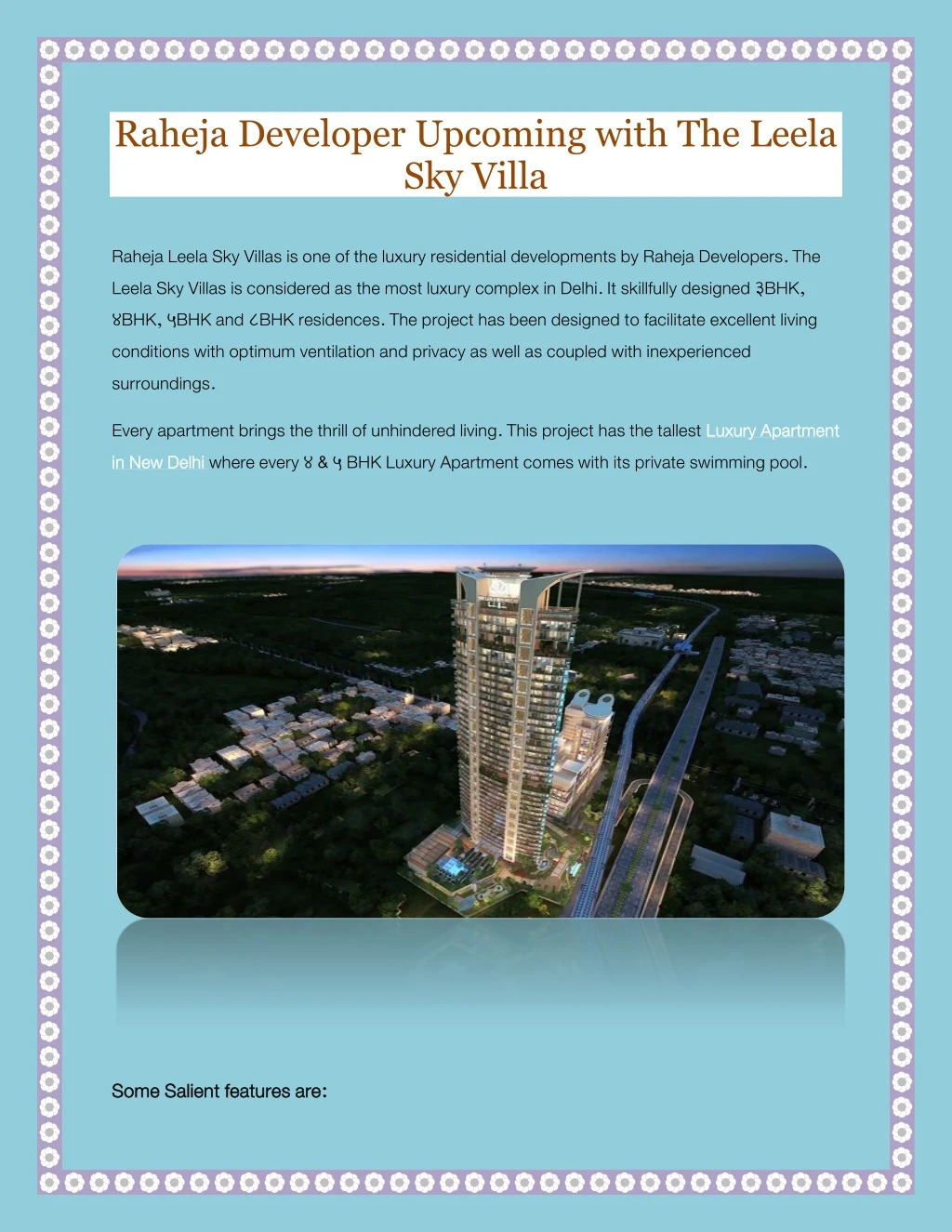 raheja developer upcoming with the leela sky villa