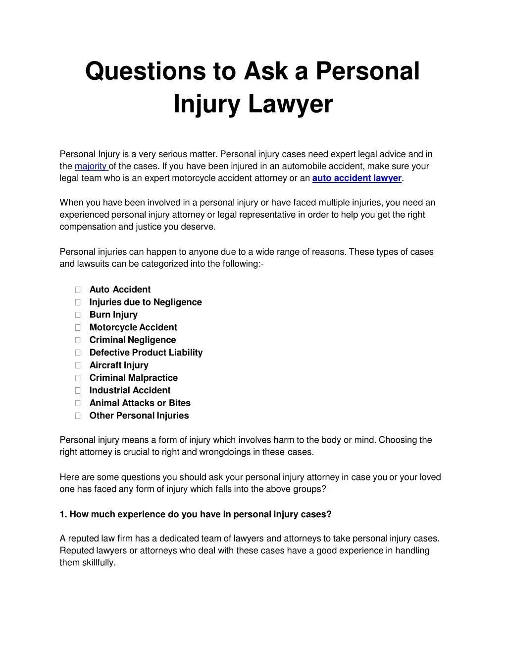 questions to ask a personal injury lawyer