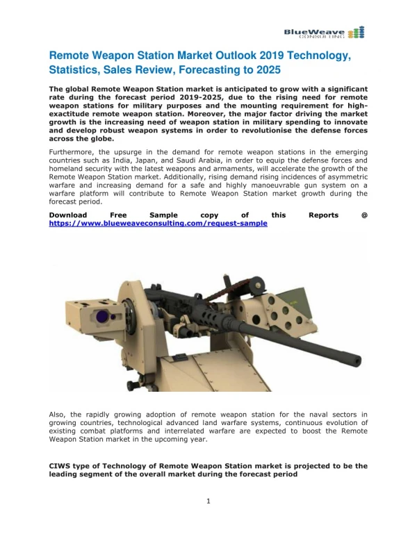 Remote Weapon Station Market Outlook 2019 Technology, Statistics, Sales Review, Forecasting to 2025