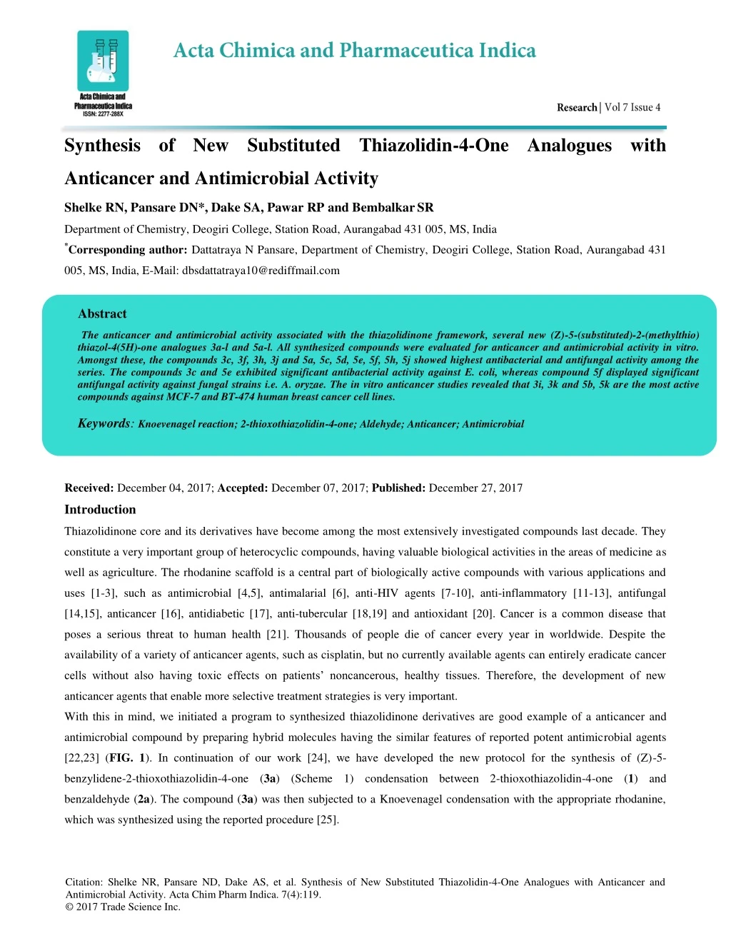 synthesis of new substituted thiazolidin