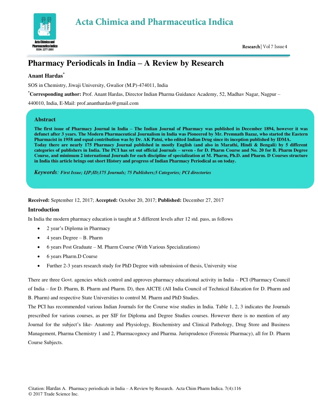 pharmacy periodicals in india a review by research